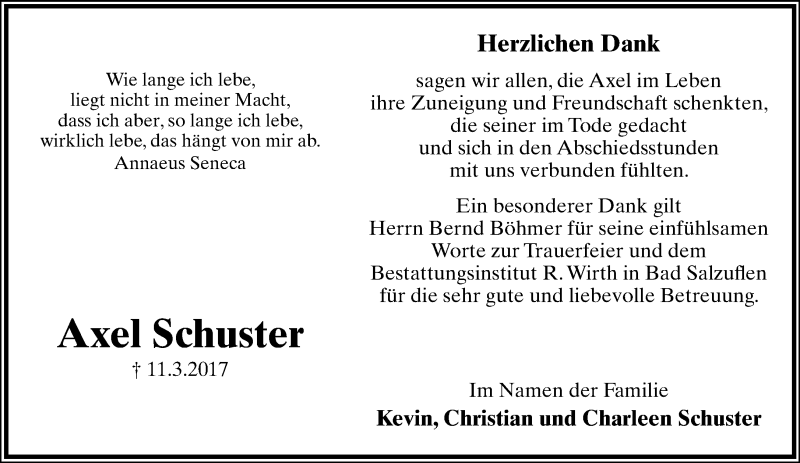  Traueranzeige für Axel Schuster vom 22.04.2017 aus Lippische Landes-Zeitung