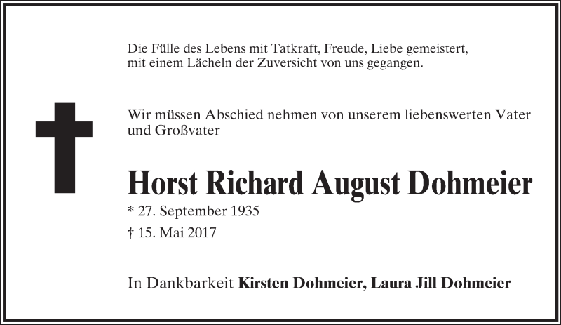  Traueranzeige für Horst Dohmeier vom 17.05.2017 aus Lippische Landes-Zeitung