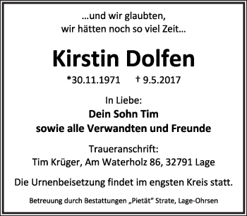Anzeige  Kirstin Dolfen  Lippische Landes-Zeitung