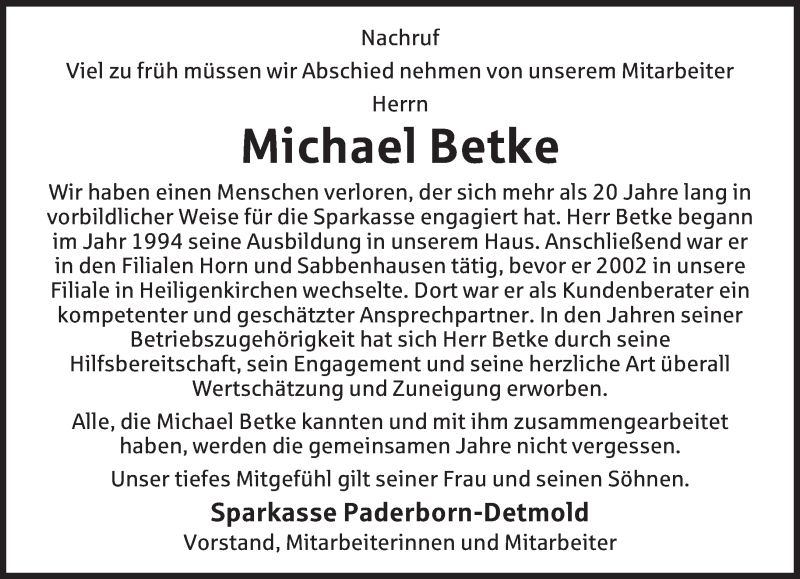  Traueranzeige für Michael Betke vom 19.05.2017 aus Lippische Landes-Zeitung