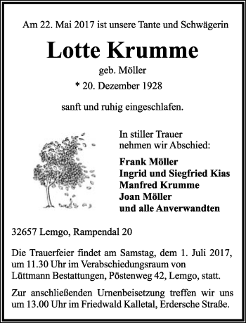 Anzeige  Lotte Krumme  Lippische Landes-Zeitung