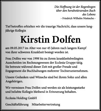 Anzeige  Kirstin Dolfen  Lippische Landes-Zeitung