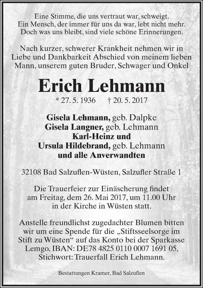  Traueranzeige für Erich Lehmann vom 23.05.2017 aus Lippische Landes-Zeitung