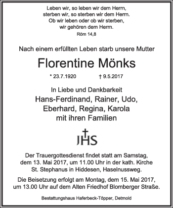 Anzeige  Florentine Mönks  Lippische Landes-Zeitung