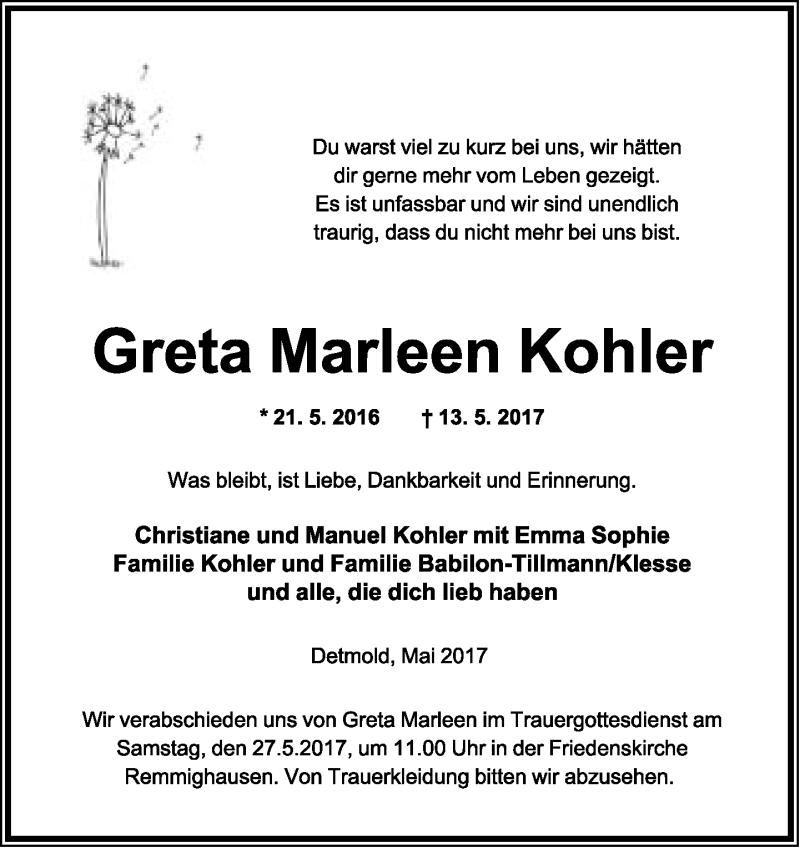 Traueranzeige für Greta Marleen Kohler vom 20.05.2017 aus Lippische Landes-Zeitung