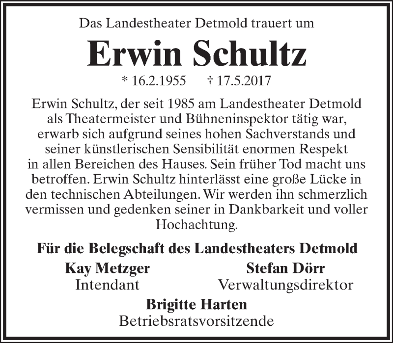  Traueranzeige für Erwin Schultz vom 24.05.2017 aus Lippische Landes-Zeitung