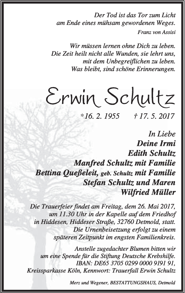  Traueranzeige für Erwin Schultz vom 23.05.2017 aus Lippische Landes-Zeitung
