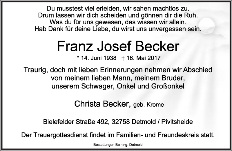  Traueranzeige für Franz Josef Becker vom 20.05.2017 aus Lippische Landes-Zeitung