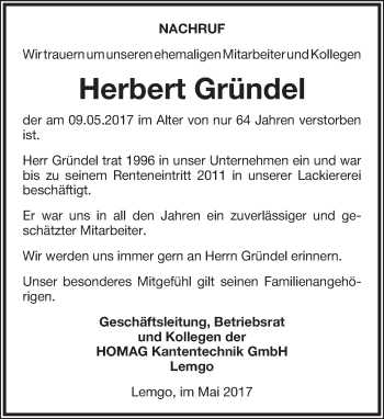 Anzeige  Herbert Gründel  Lippische Landes-Zeitung