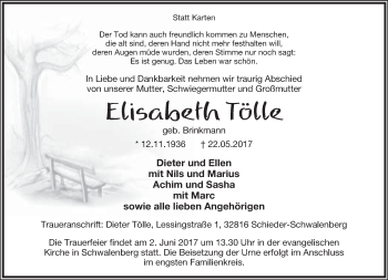 Anzeige  Elisabeth Tölle  Lippische Landes-Zeitung