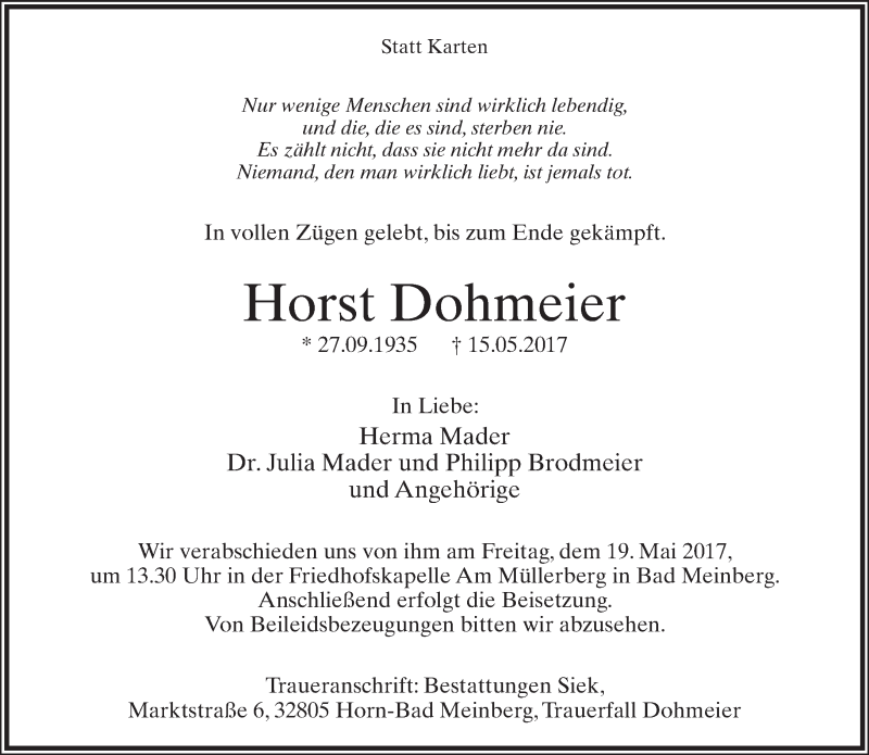  Traueranzeige für Horst Dohmeier vom 17.05.2017 aus Lippische Landes-Zeitung