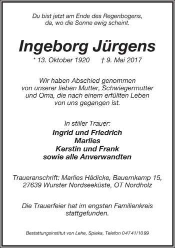 Anzeige  Ingeborg Jürgens  Lippische Landes-Zeitung