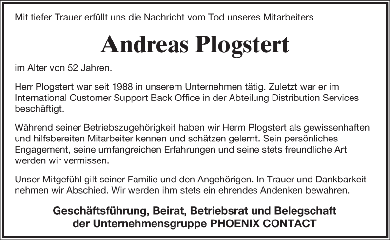  Traueranzeige für Andreas Plogstert vom 09.06.2017 aus Lippische Landes-Zeitung
