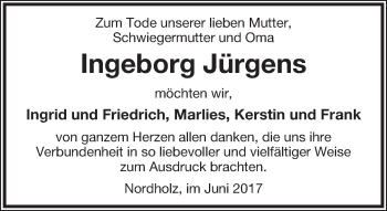 Anzeige  Ingeborg Jürgens  Lippische Landes-Zeitung