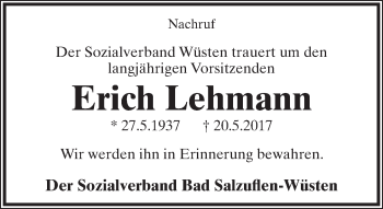 Anzeige  Erich Lehmann  Lippische Landes-Zeitung