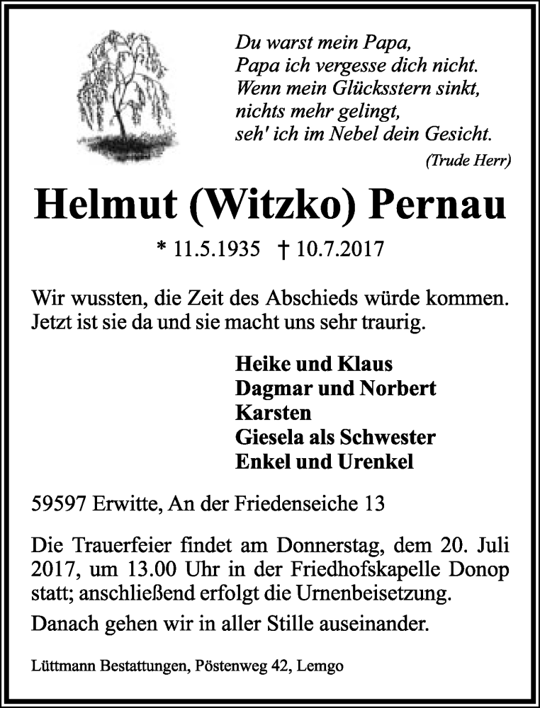  Traueranzeige für Helmut Pernau vom 15.07.2017 aus Lippische Landes-Zeitung