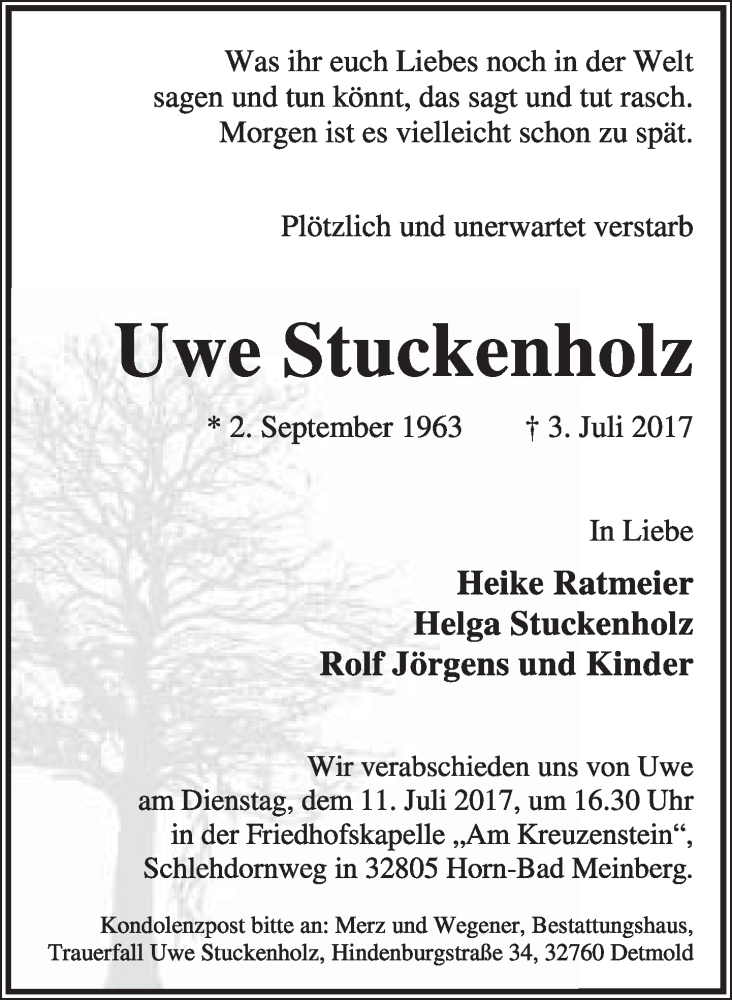  Traueranzeige für Uwe Stuckenholz vom 08.07.2017 aus Lippische Landes-Zeitung