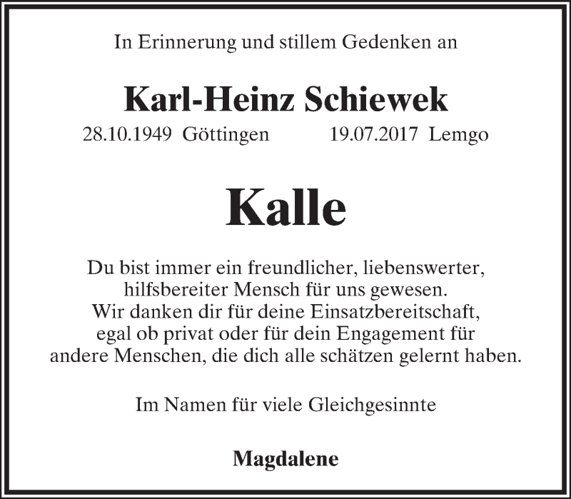  Traueranzeige für Karl-Heinz Schiewek vom 29.07.2017 aus Lippische Landes-Zeitung