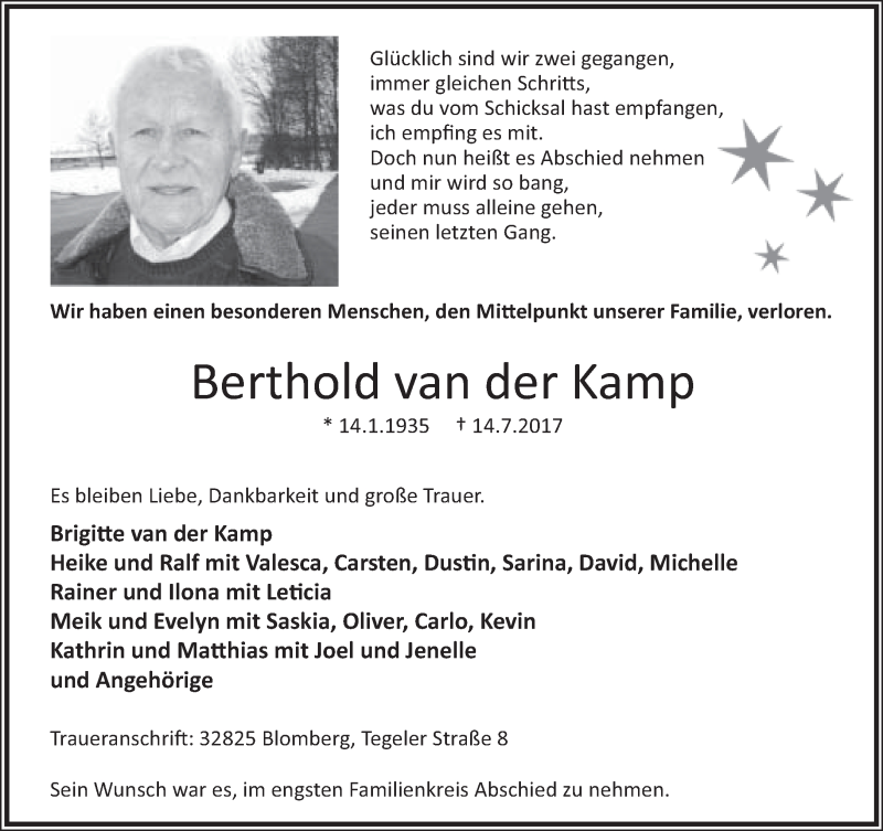  Traueranzeige für Berthold van der Kamp vom 19.07.2017 aus Lippische Landes-Zeitung