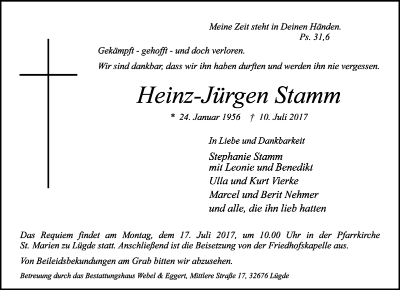  Traueranzeige für Heinz-Jürgen Stamm vom 13.07.2017 aus Lippische Landes-Zeitung