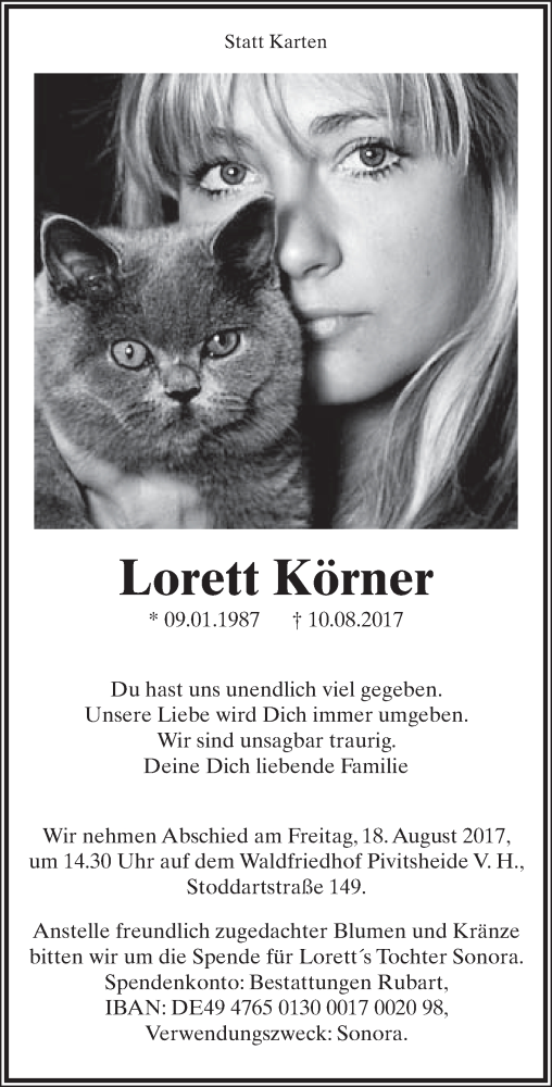  Traueranzeige für Lorett Körner vom 16.08.2017 aus Lippische Landes-Zeitung