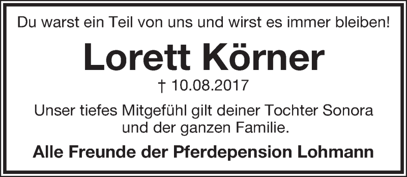  Traueranzeige für Lorett Körner vom 19.08.2017 aus Lippische Landes-Zeitung