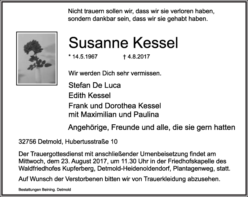  Traueranzeige für Susanne Kessel vom 19.08.2017 aus Lippische Landes-Zeitung