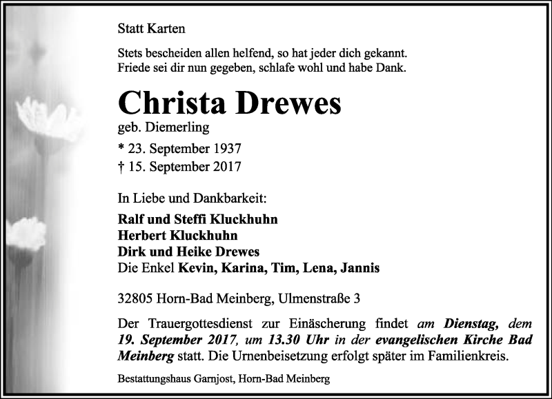  Traueranzeige für Christa Drewes vom 18.09.2017 aus Lippische Landes-Zeitung