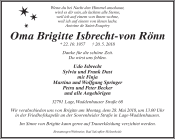 Anzeige  Brigitte Isbrecht-von Rönn  Lippische Landes-Zeitung