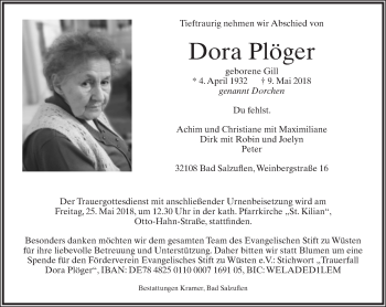 Anzeige  Dora Plöger  Lippische Landes-Zeitung