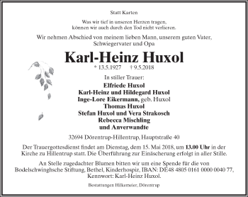 Anzeige  Karl-Heinz Huxol  Lippische Landes-Zeitung