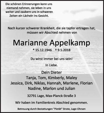 Anzeige  Marianne Appelkamp  Lippische Landes-Zeitung