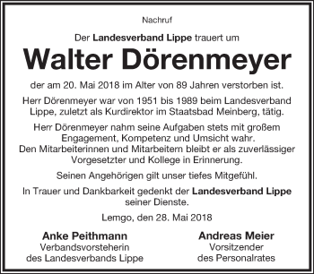 Anzeige  Walter Dörenmeyer  Lippische Landes-Zeitung