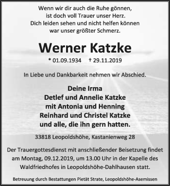 Anzeige  Werner Katzke  Lippische Landes-Zeitung