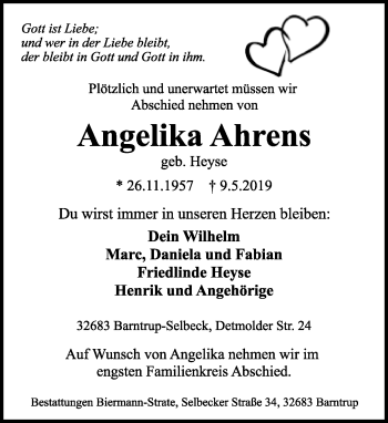 Anzeige  Angelika Ahrens  Lippische Landes-Zeitung