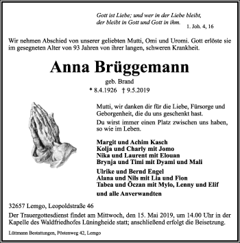 Anzeige  Anna Brüggemann  Lippische Landes-Zeitung