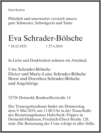 Anzeige  Eva Schrader-Bölsche  Lippische Landes-Zeitung
