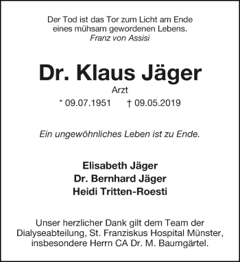 Anzeige  Klaus Jäger  Lippische Landes-Zeitung