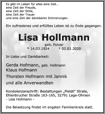 Anzeige  Lisa Hollmann  Lippische Landes-Zeitung