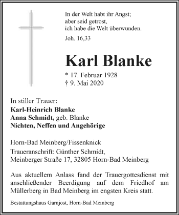 Anzeige  Karl Blanke  Lippische Landes-Zeitung