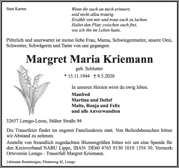 Anzeige  Margret Maria Kriemann  Lippische Landes-Zeitung