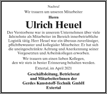 Anzeige  Ulrich Heuel  Lippische Landes-Zeitung