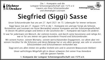 Anzeige  Siegfried Sasse  Lippische Landes-Zeitung