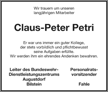 Anzeige  Claus-Peter Petri  Lippische Landes-Zeitung