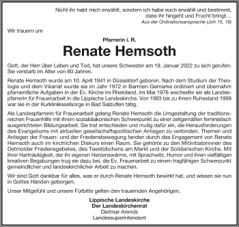 Anzeige  Renate Hemsoth  Lippische Landes-Zeitung
