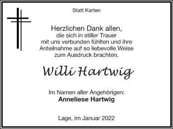 Anzeige  Willi Hartwig  Lippische Landes-Zeitung