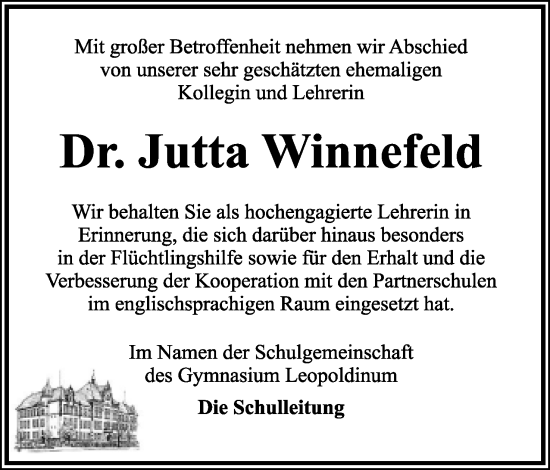 Anzeige  Jutta Winnefeld  Lippische Landes-Zeitung