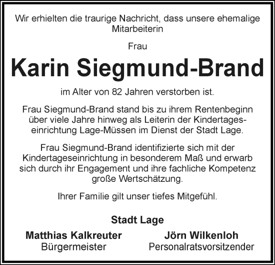 Anzeige  Karin Siegmund-Brand  Lippische Landes-Zeitung