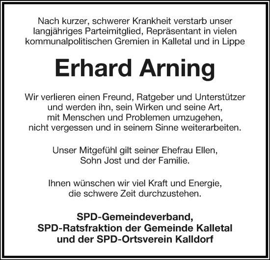 Anzeige  Erhard Arning  Lippische Landes-Zeitung