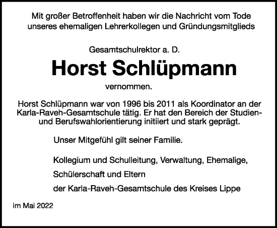 Anzeige  Horst Schlüpmann  Lippische Landes-Zeitung